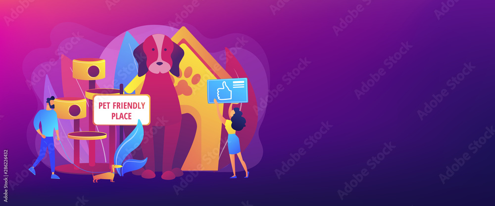 Naklejka premium Pet-friendly, animal friendly hotel, restaurant, bar amenities Pet friendly place, we love pets, best place to stay with pets concept. Header or footer banner template with copy space.