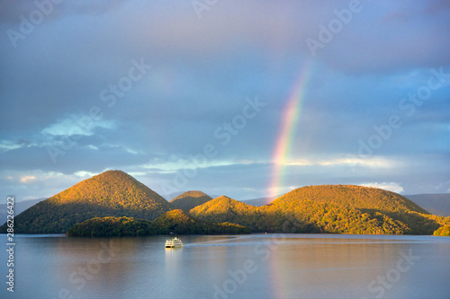 Lake toya in Toyoko town, Hokkaido Japan, Amazing view with the rainbow.