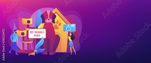 Pet-friendly, animal friendly hotel, restaurant, bar amenities Pet friendly place, we love pets, best place to stay with pets concept. Header or footer banner template with copy space.
