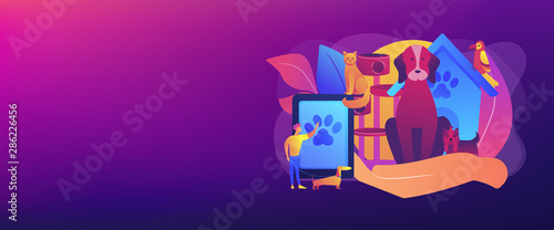 Pet hotel, daycare. Bringing puppy to grooming, veterinary service. Pet services, pets care services, we offer the best for your pet concept. Header or footer banner template with copy space.