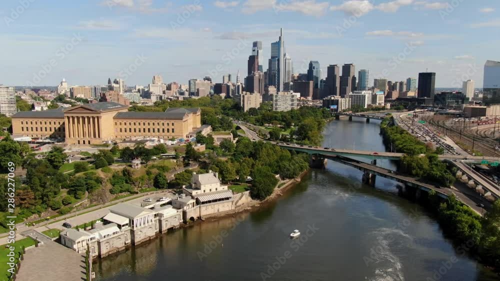Aerial turn toward Art Museum in Philadelphia Pennsylvania above Schuylkill River Aerial turn toward Art Museum in Philadelphia Pennsylvania above Schuylkill River