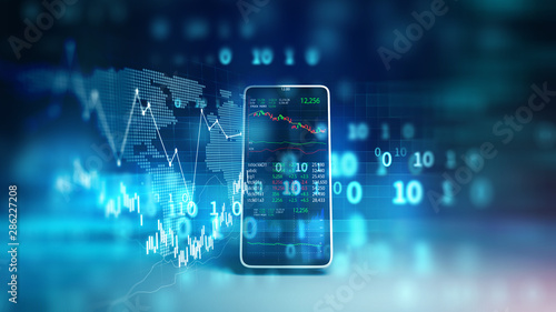 financial graph and technology element on mobile phone 3d rendering