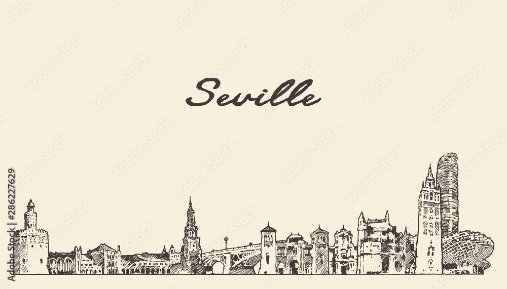 Seville skyline Spain hand drawn vector sketch