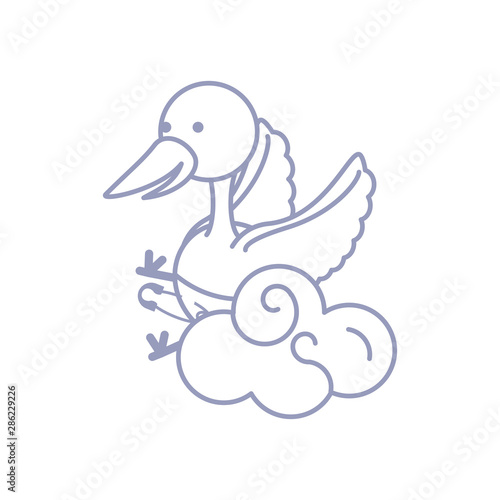 cute stork animal with diaper and cloud