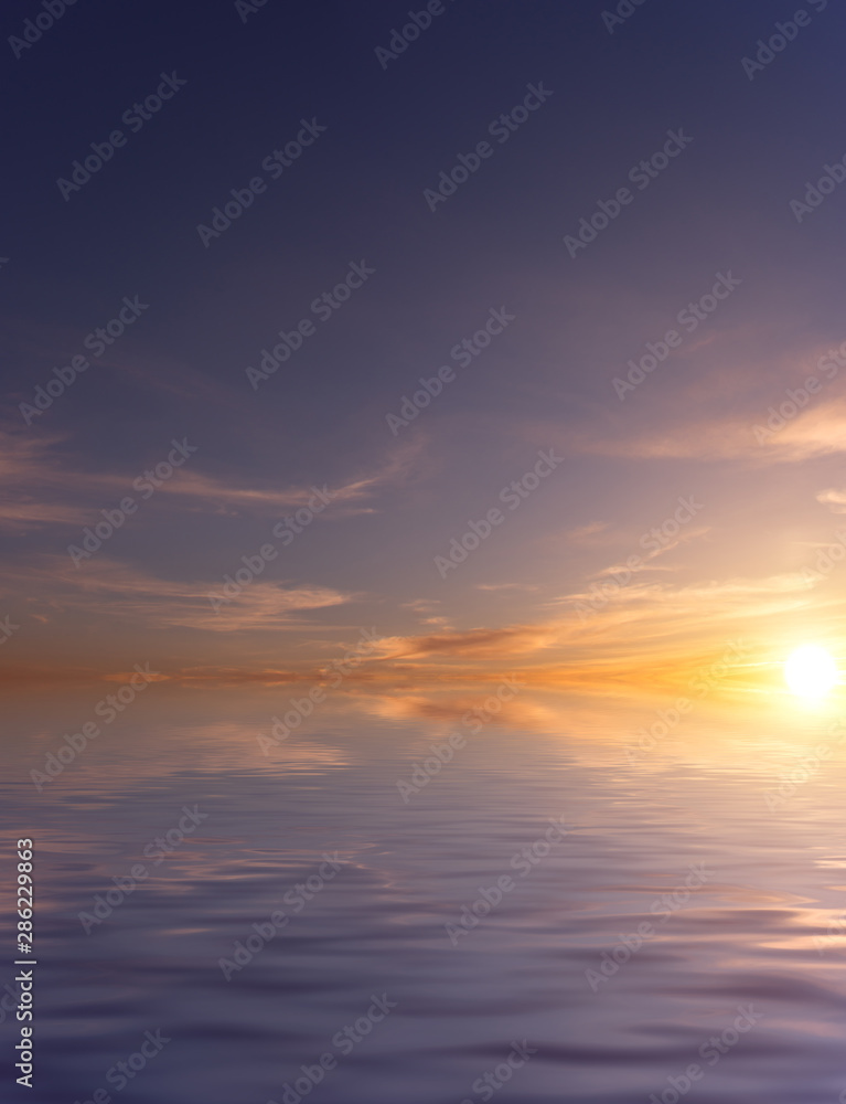 Fototapeta premium Soft sunset with cirrus clouds and bright sun over the Pacific Ocean.