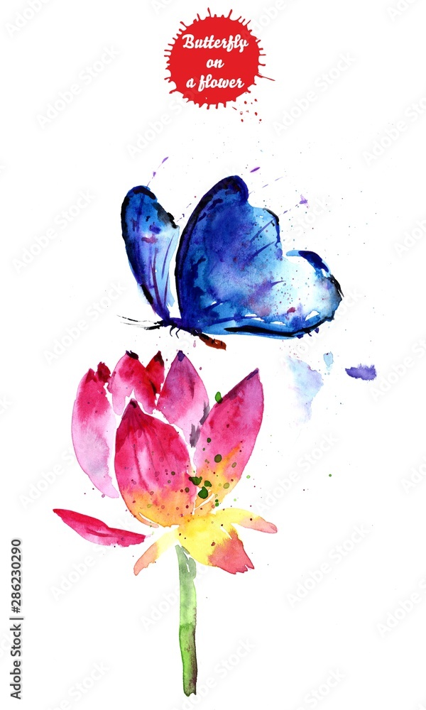 Watercolor drawing blue butterfly on a flower.