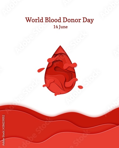 World Blood Donor Day 14 June vector background. Paper art poster with red blood drop paper on white background. Vector medicine 3d illustration. Creative donor or Hemophilia day banner.