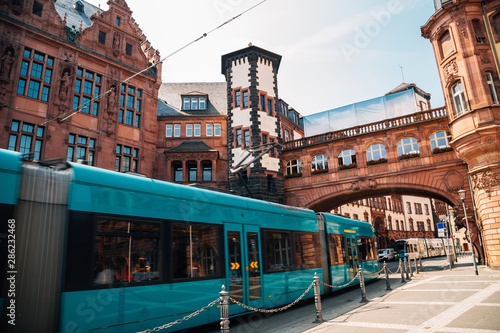 Fototapeta Naklejka Na Ścianę i Meble -  Frankfurt old town Standesamt Mitte and modern tram in Frankfurt, Germany