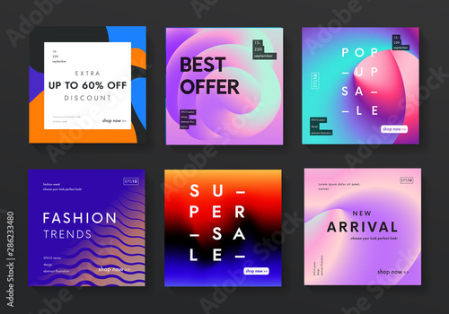 Set of modern sale banners. Trendy fluid gradient and liquid color backgrounds. Futuristic promo posters vector design.