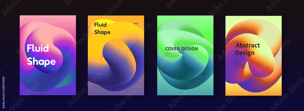 Modern trendy fluid poster set with plasticine color shape. A4 size abstract gradient background illustrations for brochure, banner, print, flayer, card.