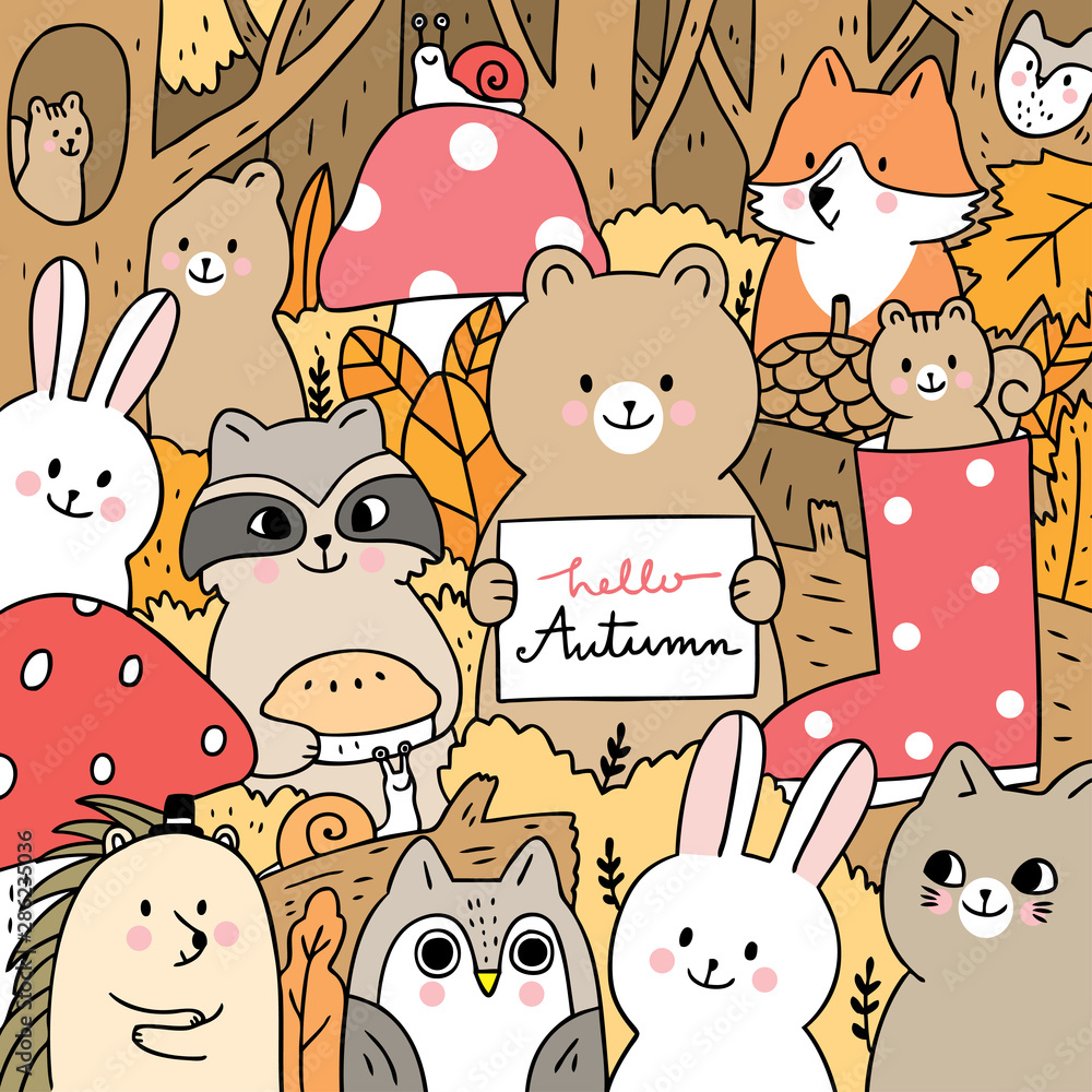 Cartoon cute animals Autumn in forest vector. Stock Vector | Adobe Stock