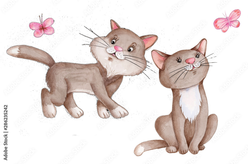 Cute cartoon watercolor cats, isolated
