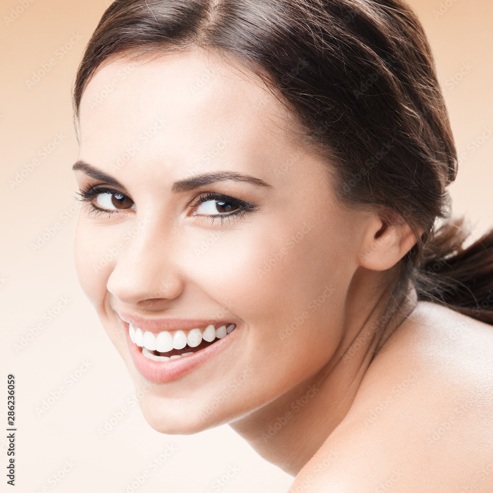Young happy smiling woman, over color background. Caucasian female model in beauty, healthcare, skincare, face, dental health concept picture. Young happy smiling woman, over color background. Caucasian female model in beauty, healthcare, skincare, face, dental health concept picture.