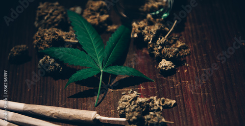 Close up of medical marijuana buds on wooden background