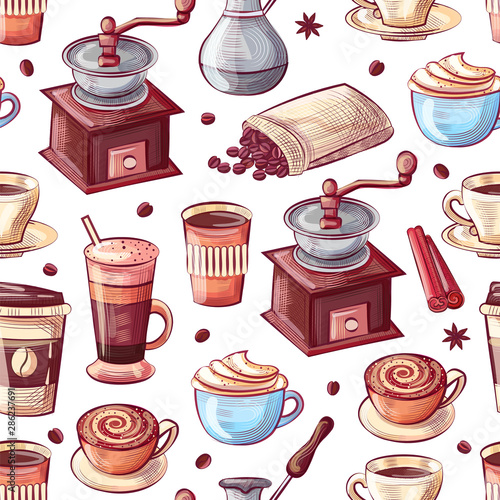 Coffee beverage in plastic and ceramic cup vector, seamless pattern isolated on white background. Grinder and cinnamon spices, cezve Turkish pot drawn