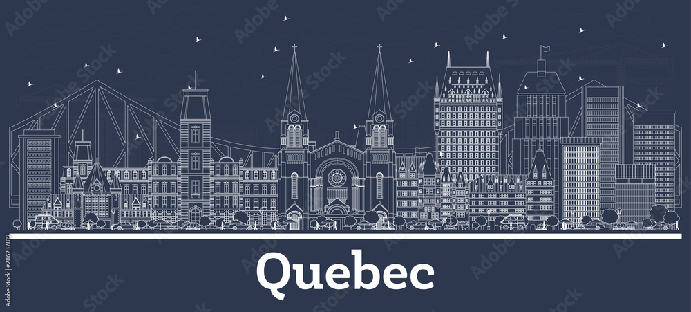 Outline Quebec Canada City Skyline with White Buildings.