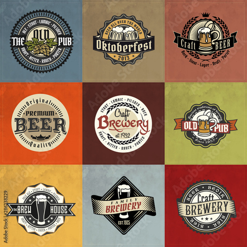 Retro set styled label of beer logos on vintage paper background