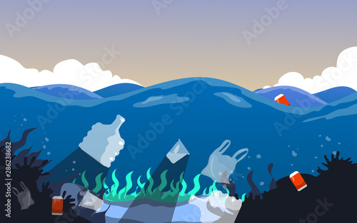 Save the ocean concept. Color vector illustration of sea pollution and global warming at blue sky background