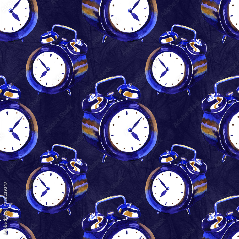 Alarm clock seamless watercolor background. Timer, deadline hurry and ...
