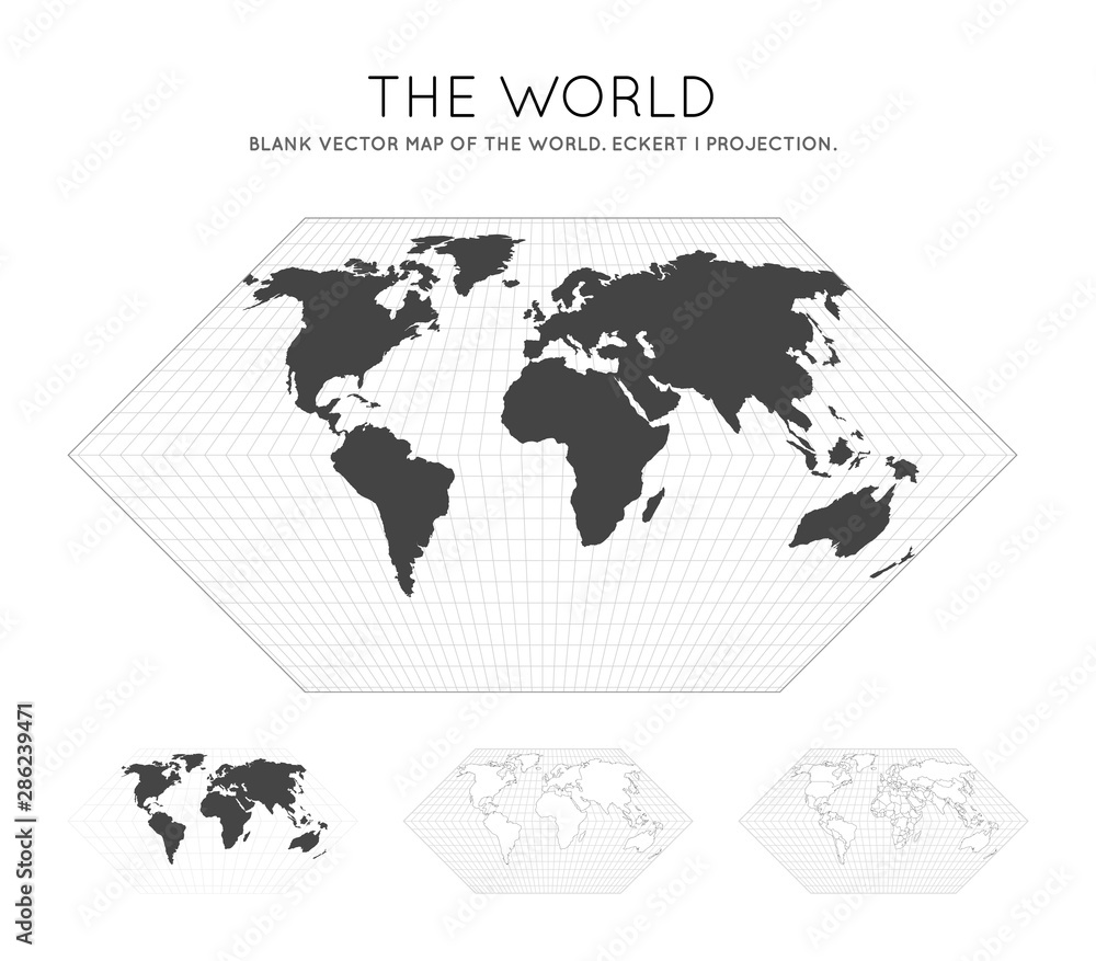 Fototapeta premium Map of The World. Eckert I projection. Globe with latitude and longitude lines. World map on meridians and parallels background. Vector illustration.