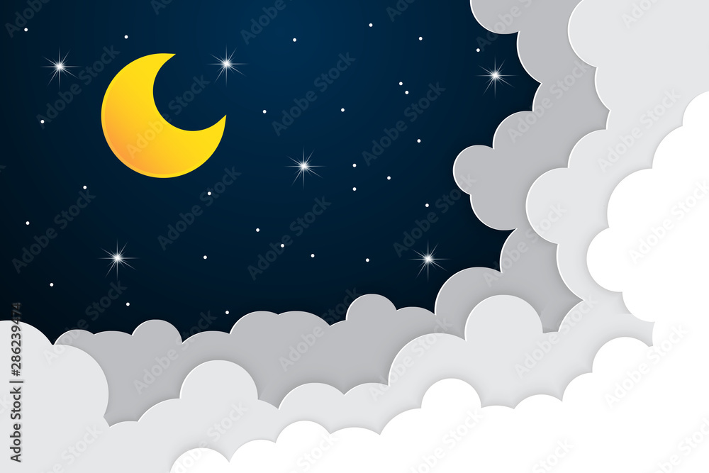 custom made wallpaper toronto digitalnight sky with stars and moon. paper art style.Vector of a crescent moon with stars on a cloudy night sky. Moon and stars background.Vector EPS 10.