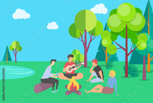 Friends spending time vector, summer vacation together in park camping near campfire, people playing guitar outdoor activity, happy weekend with friend, summertime by bonfire. Flat cartoon © robu_s