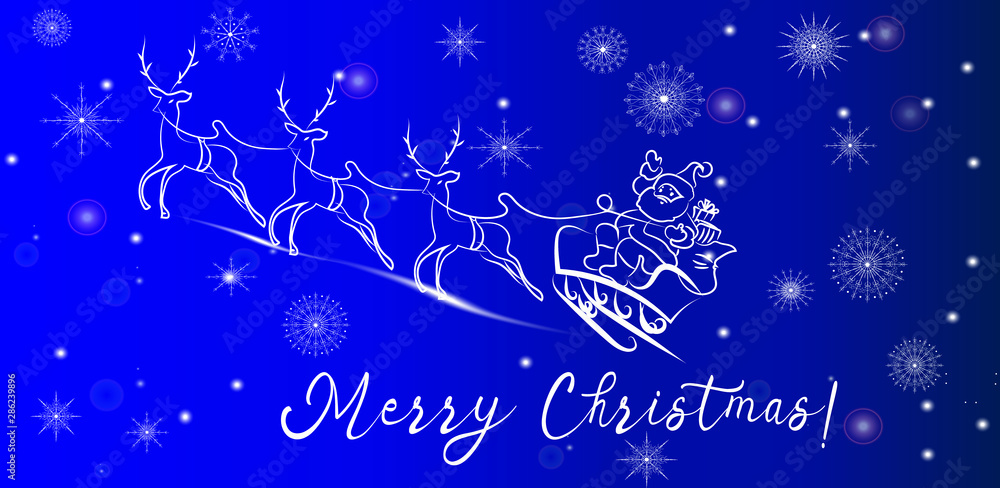 Merry Christmas winter holiday lettering design with Santa Claus and deers