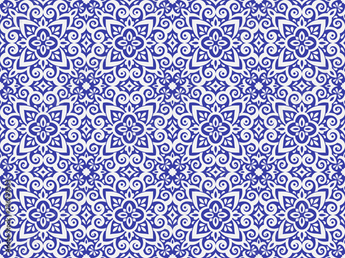 Azulejos ceramic tile design. Talavera tracery motif. Unique creative endless fill swatch. Portuguese, Spanish, Mexican, Brazilian folklore ornament. Ethnic style vector hand drawn seamless pattern.
