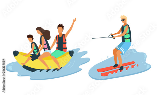 Group of people in life jackets riding banana boat. Tanned boy in sunglasses and life jacket water skiing. Summer activities beach and recreation vector. Flat cartoon. Summertime activity