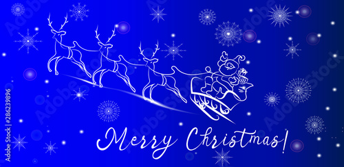 Merry Christmas winter holiday lettering design with Santa Claus and deers