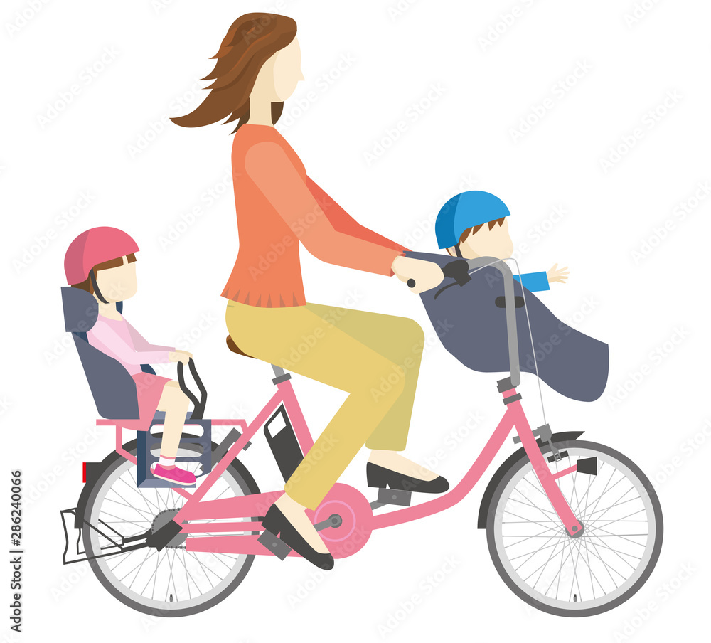 電動アシスト自転車に乗る親子のイラスト チャイルドシート 3人乗り 私服 母子 インフォグラフィック Stock ベクター Adobe Stock