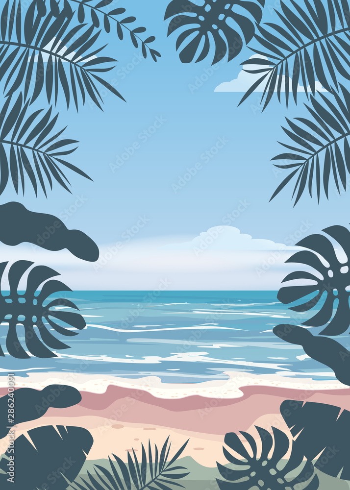 Beach palm trees. Vector illustration. Template baner poster tourism trip vacation