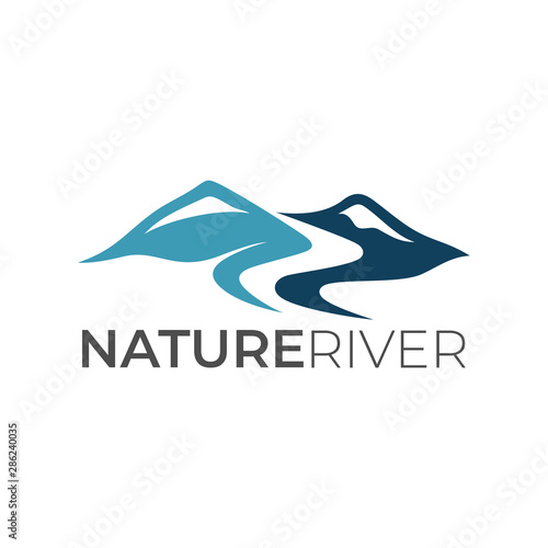 mountain peak logo.hill river landscape vector.nature outdoor landscape symbol.simple modern design
