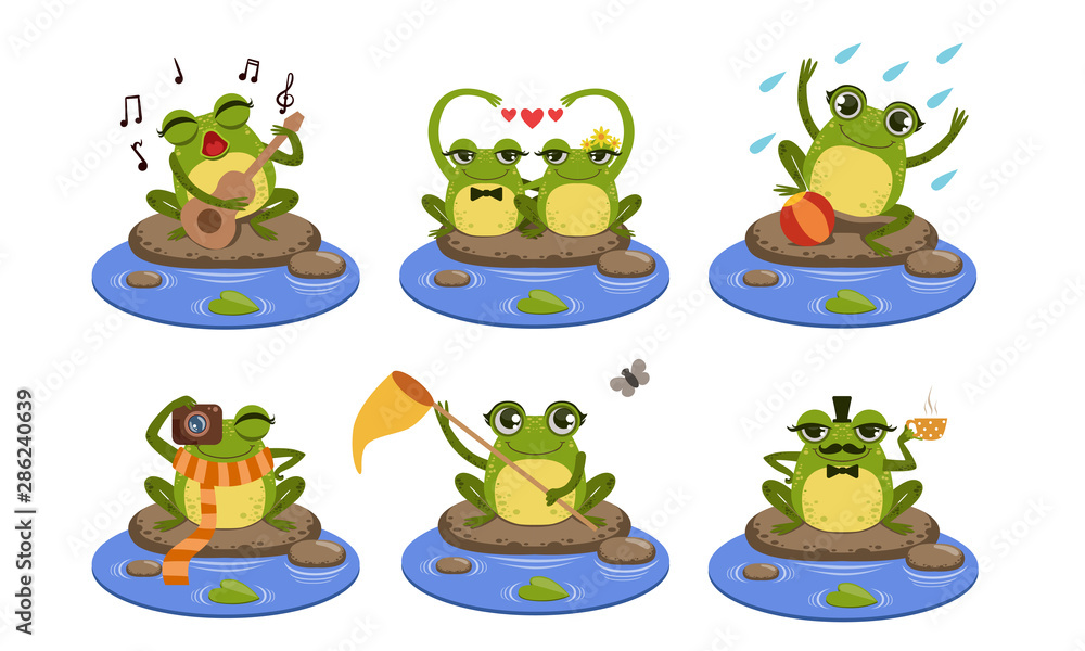 Green Funny Frog Characters Set, Cute Humanized Amphibian Animal in Different Situations Vector Illustration - obrazy, fototapety, plakaty 