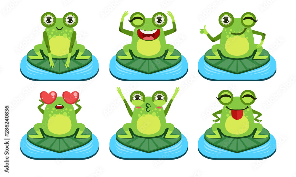 Fototapeta premium Funny Frog Characters Set, Cute Amphibian in Different Activities Vector Illustration