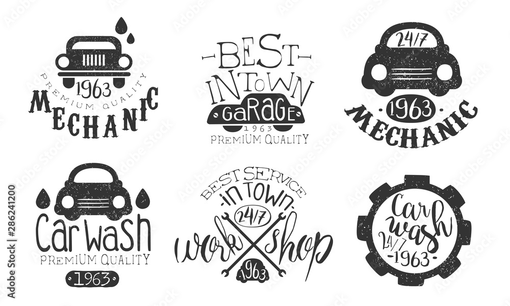 Obraz premium Garage Best in Town Premium Quality Retro Labels Set, Car Wash Service Hand Drawn Badges Monochrome Vector Illustration