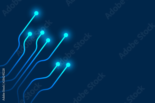 Light circuit pattern on dark blue background, copy space composition.