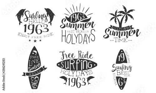Summer Time Retro Labels Set, Best Vacation, Free Ride Surfing Holidays Hand Drawn Badges Vector Illustration