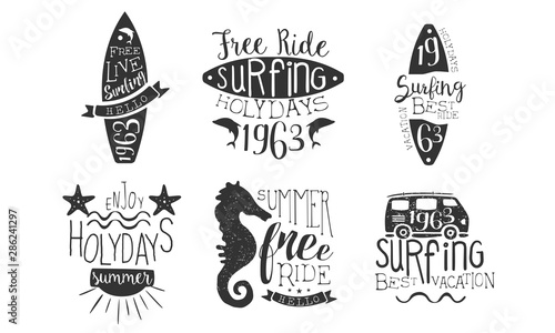 Summer Holidays Retro Labels Set, Summer Free Ride, Surfing Holidays Hand Drawn Badges Vector Illustration