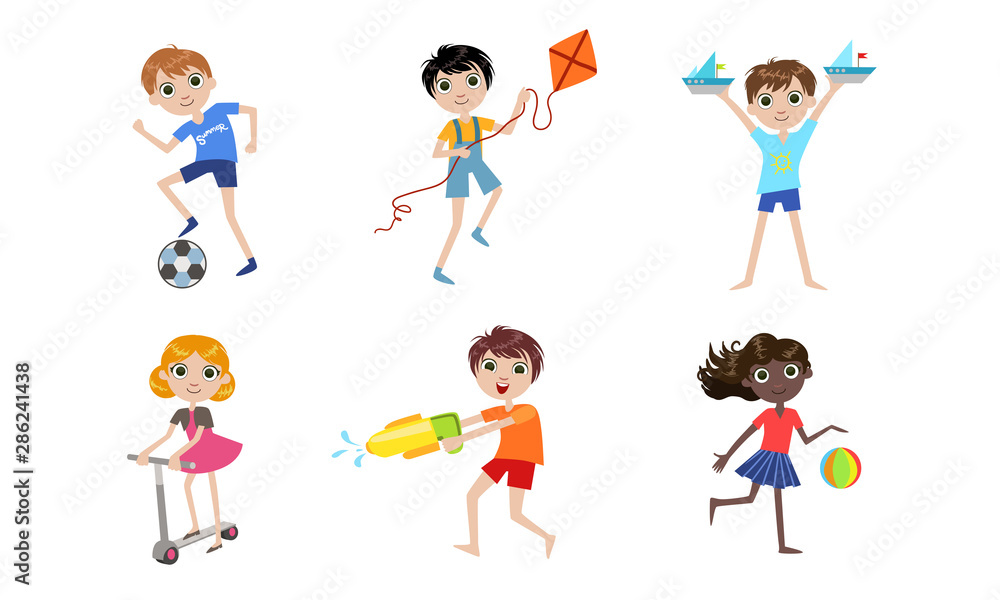 Summer Kids Outdoor Activities Set, Boys and Girls Playing with Toys, Riding Kick Scooter Vector Illustration