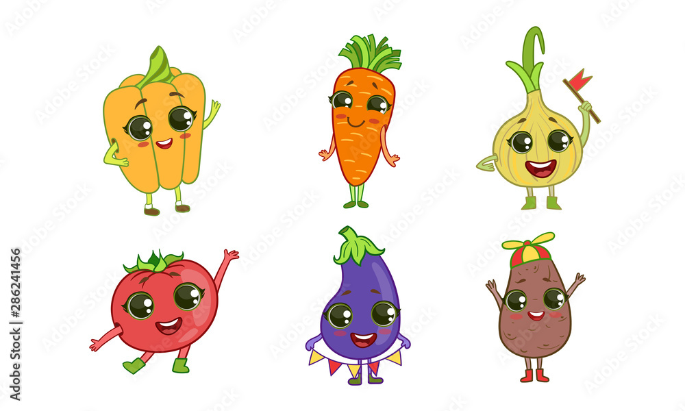 Colorful Cute kawaii Vegetables Set, Vegetarian Food Characters with Funny  Faces, Tomato, Eggplant, Potato, Pepper, Carrot, Onion Vector Illustration  vector de Stock | Adobe Stock