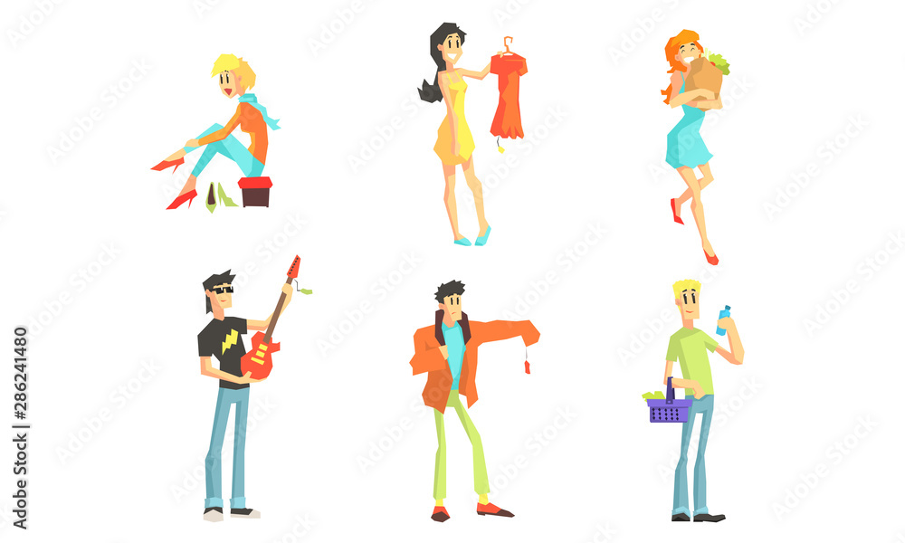 Shopping People Set, Smiling Young Women and Men Characters Enjoying Shopping at Store Vector Illustration