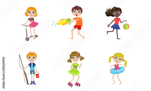 Summer Kids Outdoor Activities Set, Boys and Girls Playing with Toys, Riding Kick Scooter, Rollerblading, Fishing, Swimming Vector Illustration