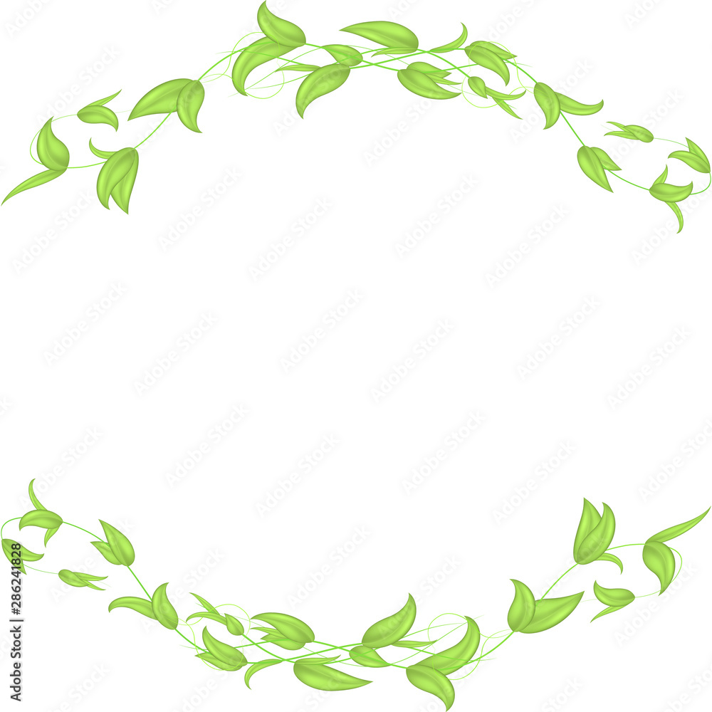 Horizontal vector border of leaves and stems with hearts in the shape of an arch.