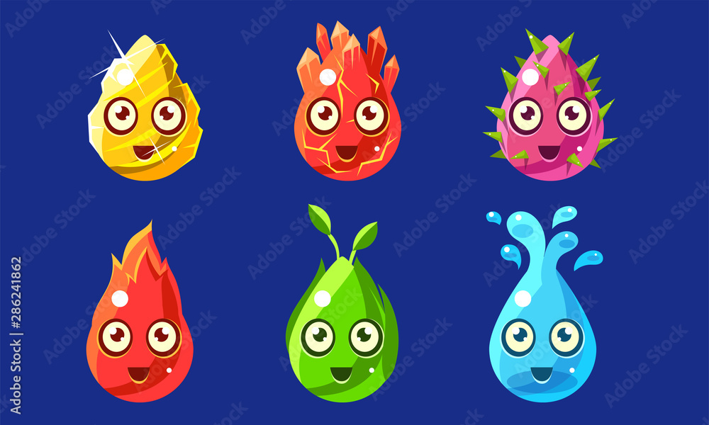 Funny Colorful Glossy Shapes Characters Set, Cute Cheerful Interface Assets for Mobile App or Video Game Vector Illustration