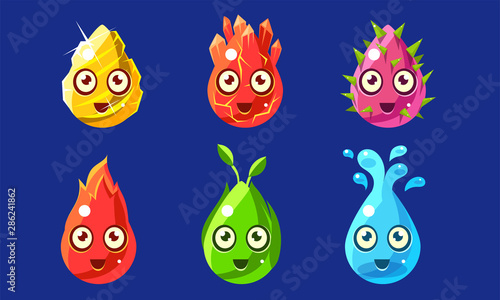 Funny Colorful Glossy Shapes Characters Set, Cute Cheerful Interface Assets for Mobile App or Video Game Vector Illustration