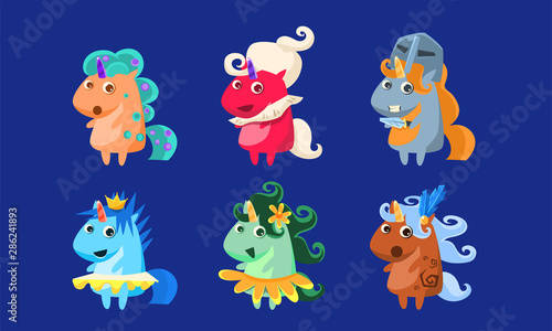 Cute Unicorns Set, Fantastic Animals Characters in Different Costumes, Vector Illustration