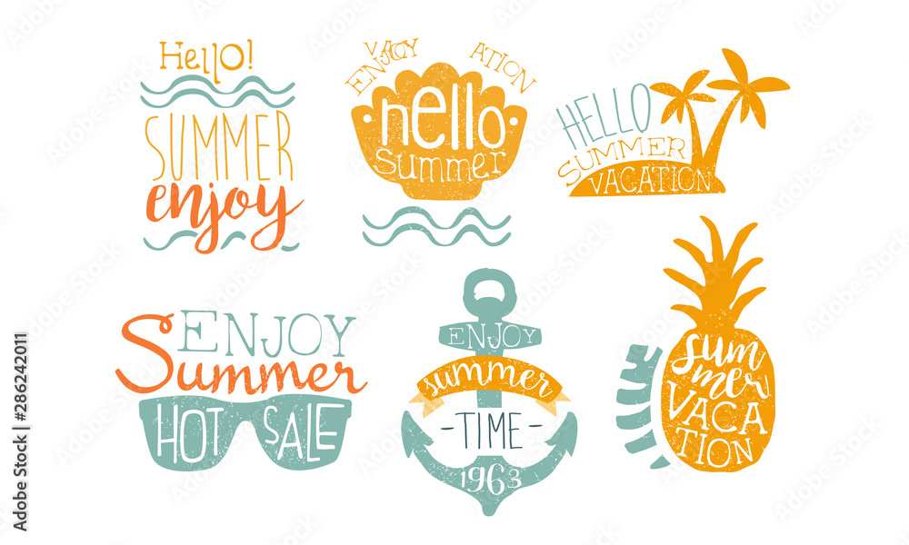 Hot Summer Sale Labels Set, Enjoy Summer Vacation Retro Hand Drawn Badges Vector Illustration