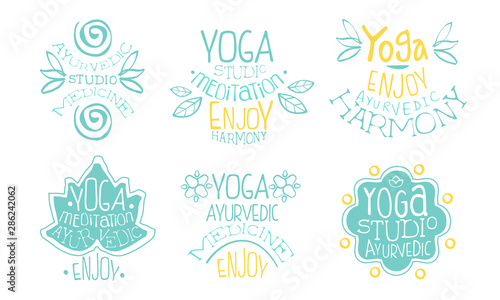 Ayurvedic Medicine Studio Labels Set, Meditation Studio, Enjoy Harmony Hand Drawn Badges Vector Illustration
