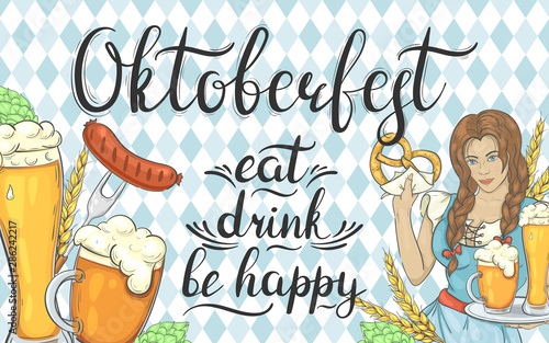 Banner for Oktoberfest. Background with girl, beer, sausages and other.